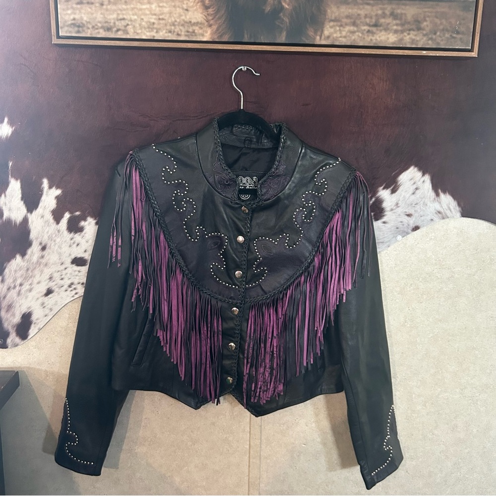 Leather Gallery Black Leather Fringe Western Jacket with Purple Accents